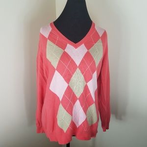 Izod Coral Classic Argyle V-Neck Cotton Sweater